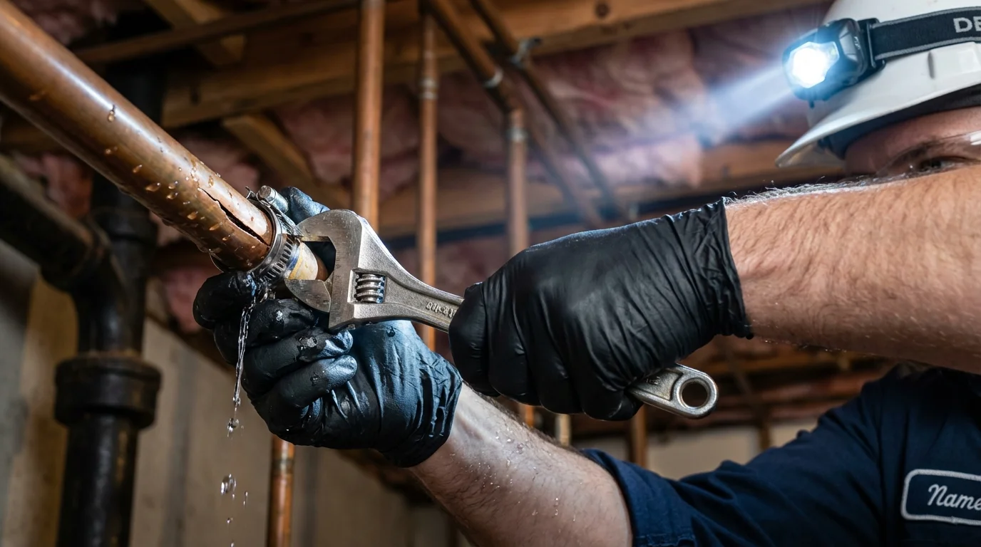 Emergency pipe clamp repair being performed by a Johns Plumbing LLC plumber in Conejos